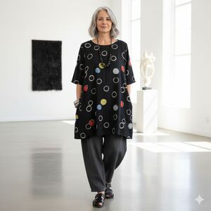 Mona Lisa Tunic Top Womens L Polka Dot Bubble Hem Pockets Artsy Lagenlook